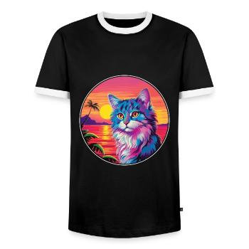 Norwegian Forest Cat Watercolor Cartoon Kawaii - Men's Ringer Shirt - black/white - Front - AI Model Female 172 light (172cm) & AI Model Male 178 light (178cm)