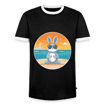 Hasen-Cartoon-Yoga-Strand-Sommer-Illustration - Männer Kontrast-T-Shirt - Schwarz/Weiß - Vorne - AI Model Female 172 light (172cm) & AI Model Male 178 light (178cm)