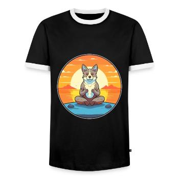 Dog Cartoon Yoga Beach Summer Illustration - Men's Ringer Shirt - black/white - Front - AI Model Female 172 light (172cm) & AI Model Male 178 light (178cm)