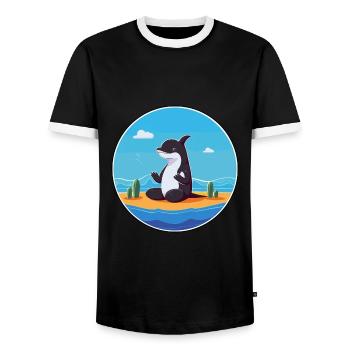 Orca Cartoon Yoga Beach Summer Illustration - Men's Ringer Shirt - black/white - Front - AI Model Female 172 light (172cm) & AI Model Male 178 light (178cm)