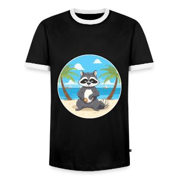 Raccoon Cartoon Yoga Beach Summer Illustration - Men's Ringer Shirt - black/white - Front - AI Model Female 172 light (172cm) & AI Model Male 178 light (178cm)