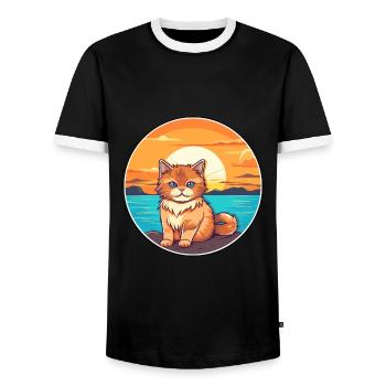 Chat Drôle De Dessin Animé Kawaii Plage Illustration - T-shirt contrasté Homme - noir/blanc - Devant - AI Model Female 172 light (172cm) & AI Model Male 178 light (178cm)