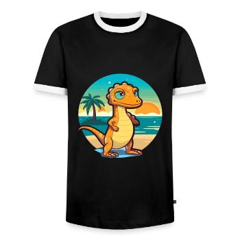 Lizard Funny Cartoon Kawaii Beach Illustration - Men's Ringer Shirt - black/white - Front - AI Model Female 172 light (172cm) & AI Model Male 178 light (178cm)