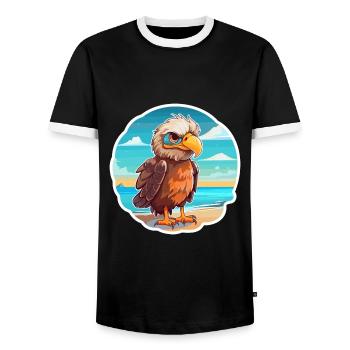 Eagle Funny Cartoon Kawaii Beach Illustration - Men's Ringer Shirt - black/white - Front - AI Model Female 172 light (172cm) & AI Model Male 178 light (178cm)