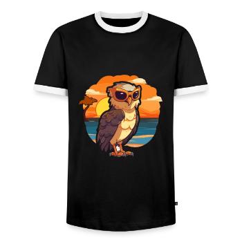 Hawk Funny Cartoon Kawaii Beach Illustration - Men's Ringer Shirt - black/white - Front - AI Model Female 172 light (172cm) & AI Model Male 178 light (178cm)