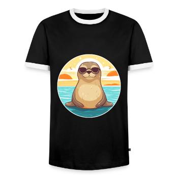 Seal Funny Cartoon Kawaii Beach Illustration - Men's Ringer Shirt - black/white - Front - AI Model Female 172 light (172cm) & AI Model Male 178 light (178cm)