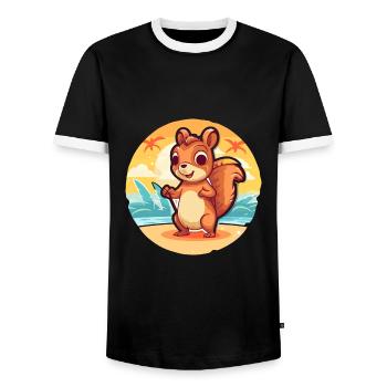 Squirrel Funny Cartoon Kawaii Beach Illustration - Men's Ringer Shirt - black/white - Front - AI Model Female 172 light (172cm) & AI Model Male 178 light (178cm)