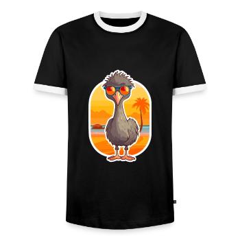 Emu Funny Cartoon Kawaii Beach Illustration - Men's Ringer Shirt - black/white - Front - AI Model Female 172 light (172cm) & AI Model Male 178 light (178cm)