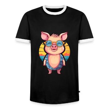 Pig Funny Cartoon Kawaii Beach Illustration - Men's Ringer Shirt - black/white - Front - AI Model Female 172 light (172cm) & AI Model Male 178 light (178cm)
