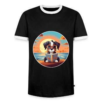 Poode Chien Mignon Drôle Dessin Animé Kawaii Livre Plage - T-shirt contrasté Homme - noir/blanc - Devant - AI Model Female 172 light (172cm) & AI Model Male 178 light (178cm)