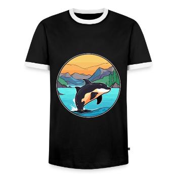 Orca Watercolor Cartoon Kawaii Clipart Animal - Men's Ringer Shirt - black/white - Front - AI Model Female 172 light (172cm) & AI Model Male 178 light (178cm)