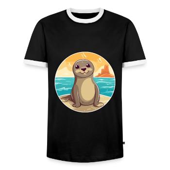 Seal Watercolor Cartoon Kawaii Clipart Animal - Men's Ringer Shirt - black/white - Front - AI Model Female 172 light (172cm) & AI Model Male 178 light (178cm)