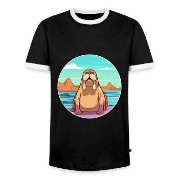 Walrus Watercolor Cartoon Kawaii Clipart Animal - Men's Ringer Shirt - black/white - Front - AI Model Female 172 light (172cm) & AI Model Male 178 light (178cm)