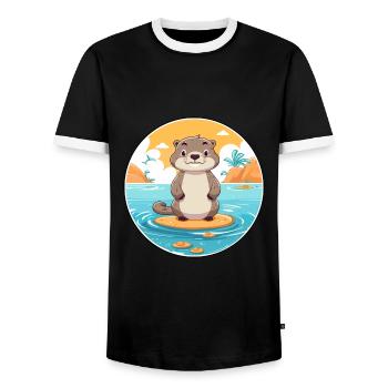 Loutre aquarelle dessin animé Kawaii Clipart Animal - T-shirt contrasté Homme - noir/blanc - Devant - AI Model Female 172 light (172cm) & AI Model Male 178 light (178cm)