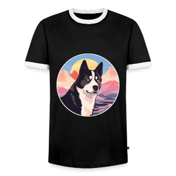 Karelian Bear Dog Breed Cartoon Kawaii Watercolor - Men's Ringer Shirt - black/white - Front - AI Model Female 172 light (172cm) & AI Model Male 178 light (178cm)