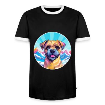 Border Terrier Dog Breed Cartoon Kawaii Watercolor - Men's Ringer Shirt - black/white - Front - AI Model Female 172 light (172cm) & AI Model Male 178 light (178cm)