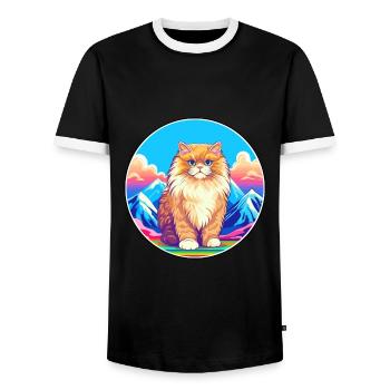 British Longhair Cat Colorful Cartoon Watercolor I - Men's Ringer Shirt - black/white - Front - AI Model Female 172 light (172cm) & AI Model Male 178 light (178cm)