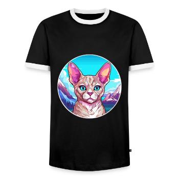 Devon Rex Cat Colorful Cartoon Watercolor Illustra - Men's Ringer Shirt - black/white - Front - AI Model Female 172 light (172cm) & AI Model Male 178 light (178cm)