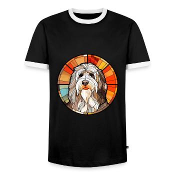Polish Lowland Sheepdog Dog Breed Stained Glass Co - Men's Ringer Shirt - black/white - Front - AI Model Female 172 light (172cm) & AI Model Male 178 light (178cm)