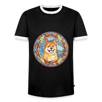 Shikoku Dog Breed Stained Glass Colorful Watercolo - Men's Ringer Shirt - black/white - Front - AI Model Female 172 light (172cm) & AI Model Male 178 light (178cm)