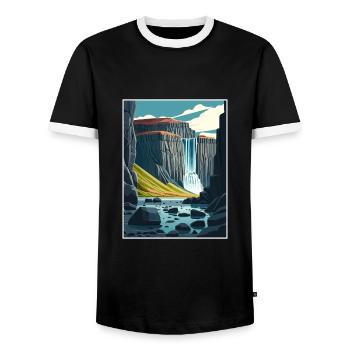 Skaftafell Iceland Waterfall Vintage Travel Poster - Men's Ringer Shirt - black/white - Front - AI Model Female 172 light (172cm) & AI Model Male 178 light (178cm)