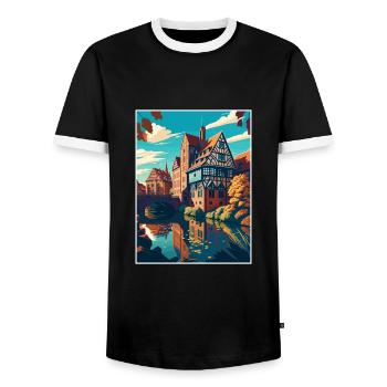 Nuremberg Decoration Germany Vintage Travel Poster - Men's Ringer Shirt - black/white - Front - AI Model Female 172 light (172cm) & AI Model Male 178 light (178cm)