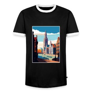 Antwerp Belgium Vintage Travel Poster WPA Souvenir - Men's Ringer Shirt - black/white - Front - AI Model Female 172 light (172cm) & AI Model Male 178 light (178cm)