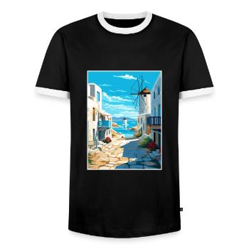 Mykonos Greece Decoration Vintage Travel Poster - Men's Ringer Shirt - black/white - Front - AI Model Female 172 light (172cm) & AI Model Male 178 light (178cm)