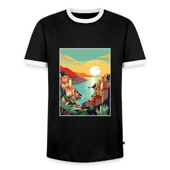 Cinque Terre Italy Decoration Patmos Travel Poster - Men's Ringer Shirt - black/white - Front - AI Model Female 172 light (172cm) & AI Model Male 178 light (178cm)