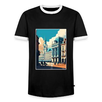 Brussels Belgium Vintage Travel Poster Souvenir - Men's Ringer Shirt - black/white - Front - AI Model Female 172 light (172cm) & AI Model Male 178 light (178cm)