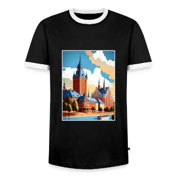 Halmstad Sweden Vintage Travel Poster WPA Souvenir - Men's Ringer Shirt - black/white - Front - AI Model Female 172 light (172cm) & AI Model Male 178 light (178cm)