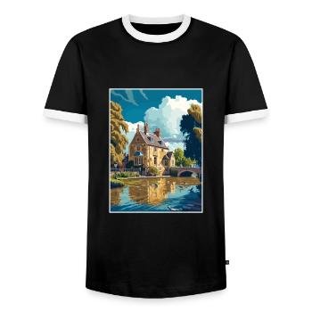 Bourton On The Water England Vintage Travel Poster - Men's Ringer Shirt - black/white - Front - AI Model Female 172 light (172cm) & AI Model Male 178 light (178cm)