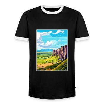Salisbury Crags Edinburgh Scotland Travel Poster - Men's Ringer Shirt - black/white - Front - AI Model Female 172 light (172cm) & AI Model Male 178 light (178cm)
