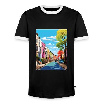 Notting Hill London Vintage Travel Poster Souvenir - Men's Ringer Shirt - black/white - Front - AI Model Female 172 light (172cm) & AI Model Male 178 light (178cm)