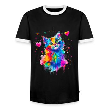 Bunte niedliche Katze mit Herz - Männer Kontrast-T-Shirt - Schwarz/Weiß - Vorne - AI Model Female 172 light (172cm) & AI Model Male 178 light (178cm)