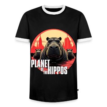 Planet of the hippos - Men's Ringer Shirt - black/white - Front - AI Model Female 172 light (172cm) & AI Model Male 178 light (178cm)