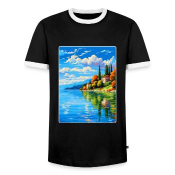 Lake Varese Italy Vintage Travel Poster Souvenir - Men's Ringer Shirt - black/white - Front - AI Model Female 172 light (172cm) & AI Model Male 178 light (178cm)