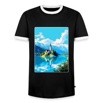 Lake Bled Slovenia Vintage Travel Poster Souvenir - Men's Ringer Shirt - black/white - Front - AI Model Female 172 light (172cm) & AI Model Male 178 light (178cm)