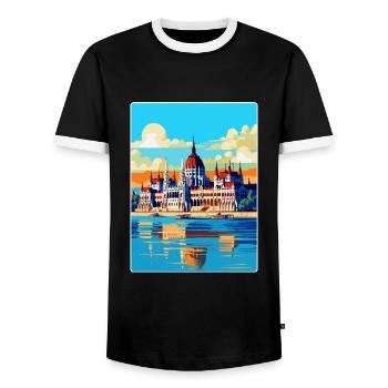Budapest Hungary Vintage Travel Poster Souvenir - Men's Ringer Shirt - black/white - Front - AI Model Female 172 light (172cm) & AI Model Male 178 light (178cm)