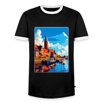 Halmstad Sweden Vintage Travel Poster Souvenir WPA - Men's Ringer Shirt - black/white - Front - AI Model Female 172 light (172cm) & AI Model Male 178 light (178cm)