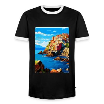 Cinque Terre Italy Vintage Travel Poster Souvenir - Men's Ringer Shirt - black/white - Front - AI Model Female 172 light (172cm) & AI Model Male 178 light (178cm)