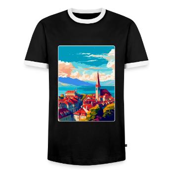Lausanne Switzerland Vintage Travel Poster WPA Art - Men's Ringer Shirt - black/white - Front - AI Model Female 172 light (172cm) & AI Model Male 178 light (178cm)