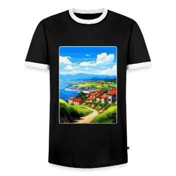 Basque Country Spain Vintage Travel Poster WPA Art - Men's Ringer Shirt - black/white - Front - AI Model Female 172 light (172cm) & AI Model Male 178 light (178cm)