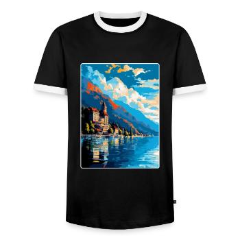 Montreux Switzerland Vintage Travel Poster WPA Art - Men's Ringer Shirt - black/white - Front - AI Model Female 172 light (172cm) & AI Model Male 178 light (178cm)