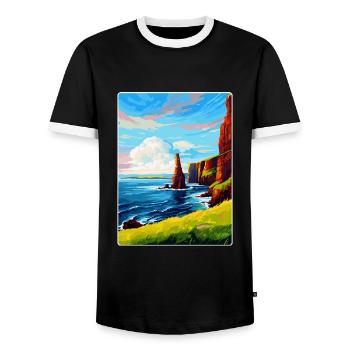 Duncansby Stacks Scotland Uk Vintage Travel Poster - Men's Ringer Shirt - black/white - Front - AI Model Female 172 light (172cm) & AI Model Male 178 light (178cm)