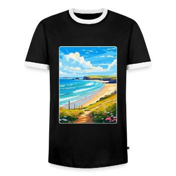 Daymer Bay Cornwall England Uk Travel Poster WPA - Men's Ringer Shirt - black/white - Front - AI Model Female 172 light (172cm) & AI Model Male 178 light (178cm)