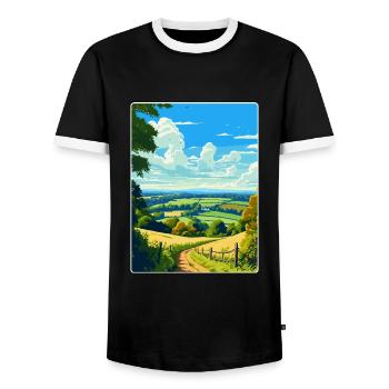 Surrey Hills Vintage Travel Poster Souvenir WPA - Men's Ringer Shirt - black/white - Front - AI Model Female 172 light (172cm) & AI Model Male 178 light (178cm)