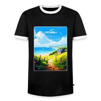 Lamorna Cornwall England Uk Travel Poster Souvenir - Men's Ringer Shirt - black/white - Front - AI Model Female 172 light (172cm) & AI Model Male 178 light (178cm)