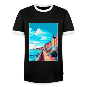 Weymouth England Uk Vintage Travel Poster Souvenir - Men's Ringer Shirt - black/white - Front - AI Model Female 172 light (172cm) & AI Model Male 178 light (178cm)
