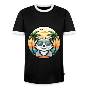 Selkirk Rex Katzenrasse Cartoon Sonnenbrille Strand - Männer Kontrast-T-Shirt - Schwarz/Weiß - Vorne - AI Model Female 172 light (172cm) & AI Model Male 178 light (178cm)